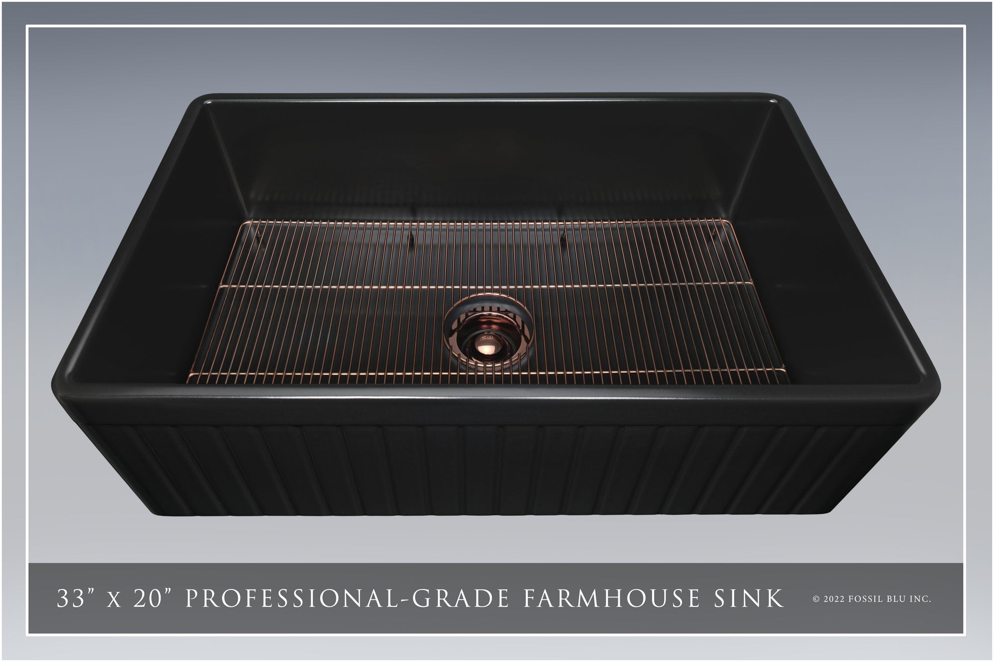 FSW1027RG LUX 33-INCH SOLID FIRECLAY FARMHOUSE SINK, MATTE BLACK, POL. ROSE GOLD ACCS, FLUTED FRONT