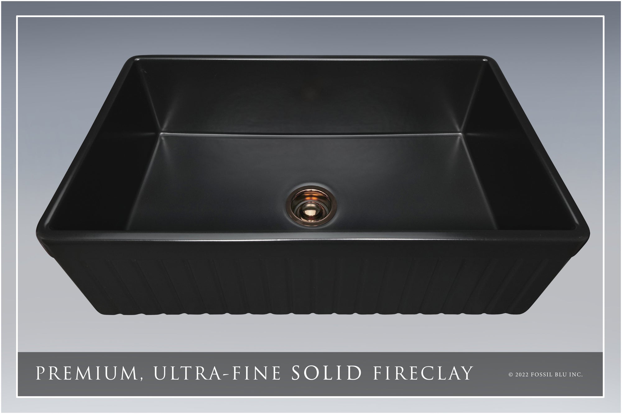 FSW1027RG LUX 33-INCH SOLID FIRECLAY FARMHOUSE SINK, MATTE BLACK, POL. ROSE GOLD ACCS, FLUTED FRONT