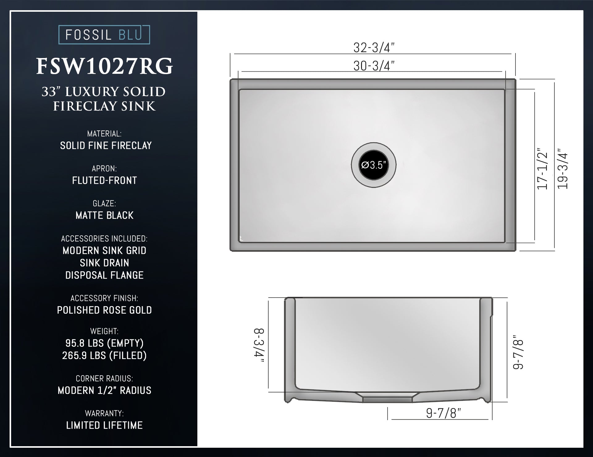 FSW1027RG LUX 33-INCH SOLID FIRECLAY FARMHOUSE SINK, MATTE BLACK, POL. ROSE GOLD ACCS, FLUTED FRONT