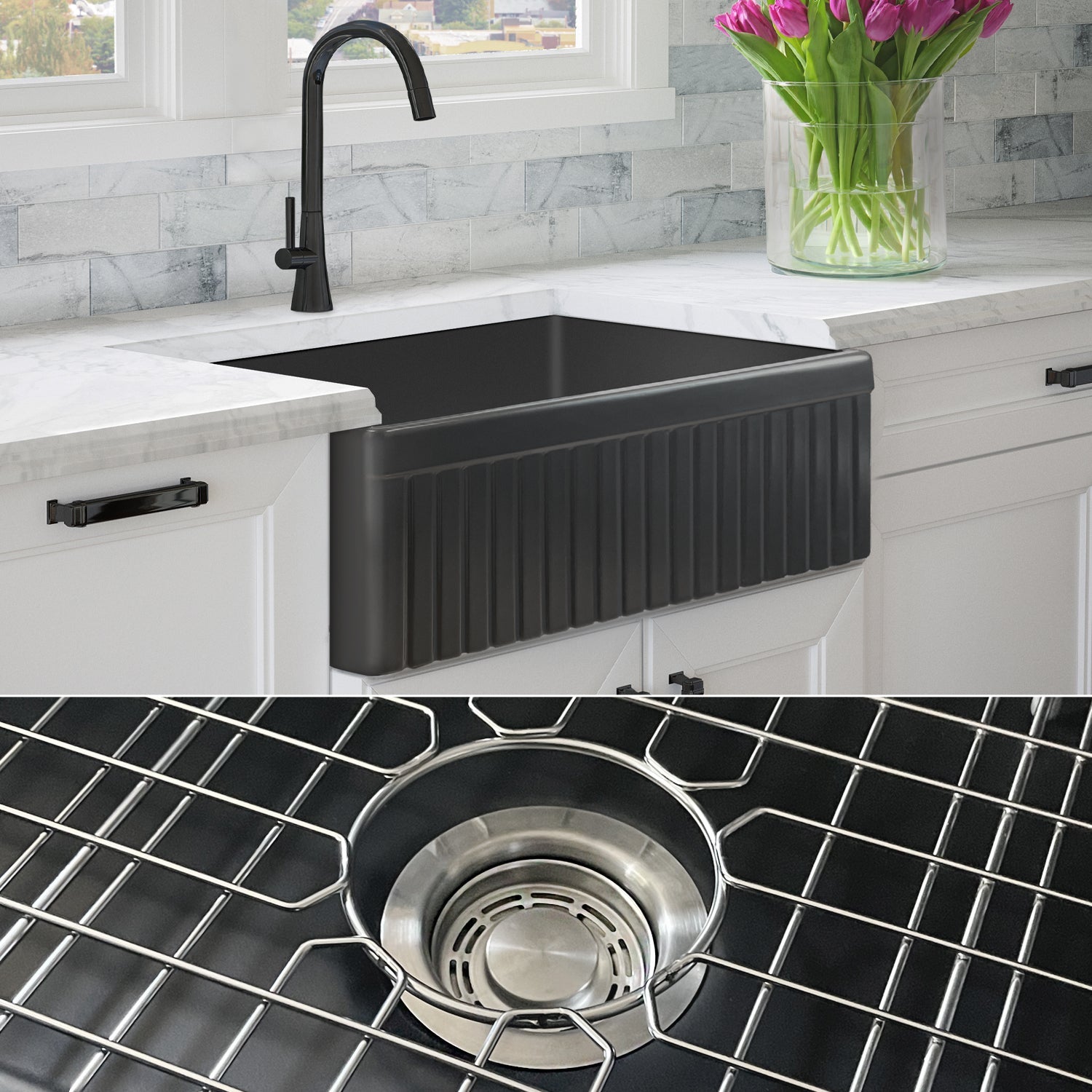 FSW1027 LUXURY 33-INCH SOLID FIRECLAY FARMHOUSE SINK, MATTE BLACK, ST. STEEL ACCS, FLUTED FRONT