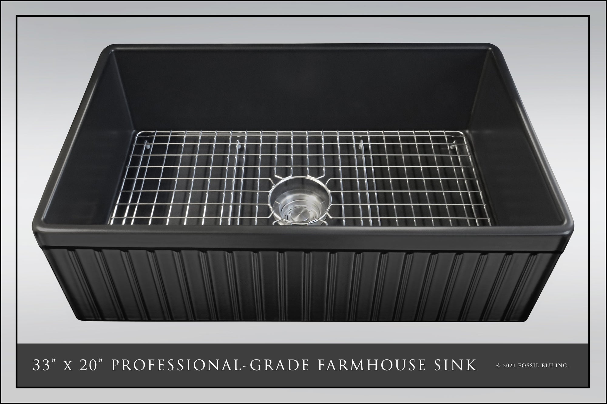 FSW1027 LUXURY 33-INCH SOLID FIRECLAY FARMHOUSE SINK, MATTE BLACK, ST. STEEL ACCS, FLUTED FRONT