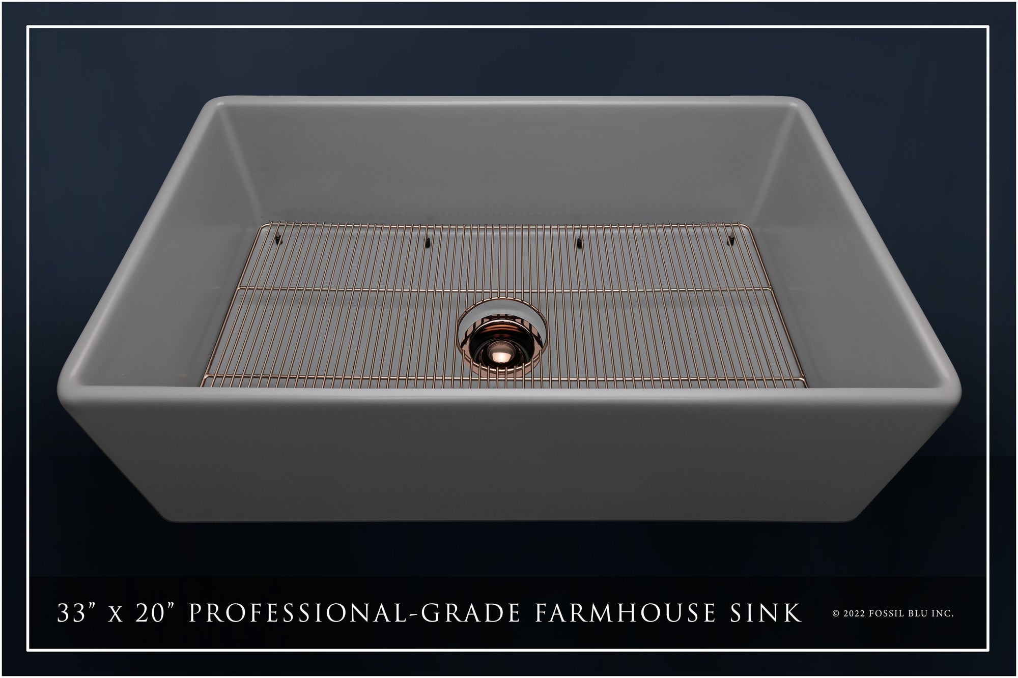 FSW1042RG LUXURY 33-INCH SOLID FIRECLAY FARMHOUSE SINK, MATTE GRAY, POL. ROSE GOLD ACCS, FLAT FRONT