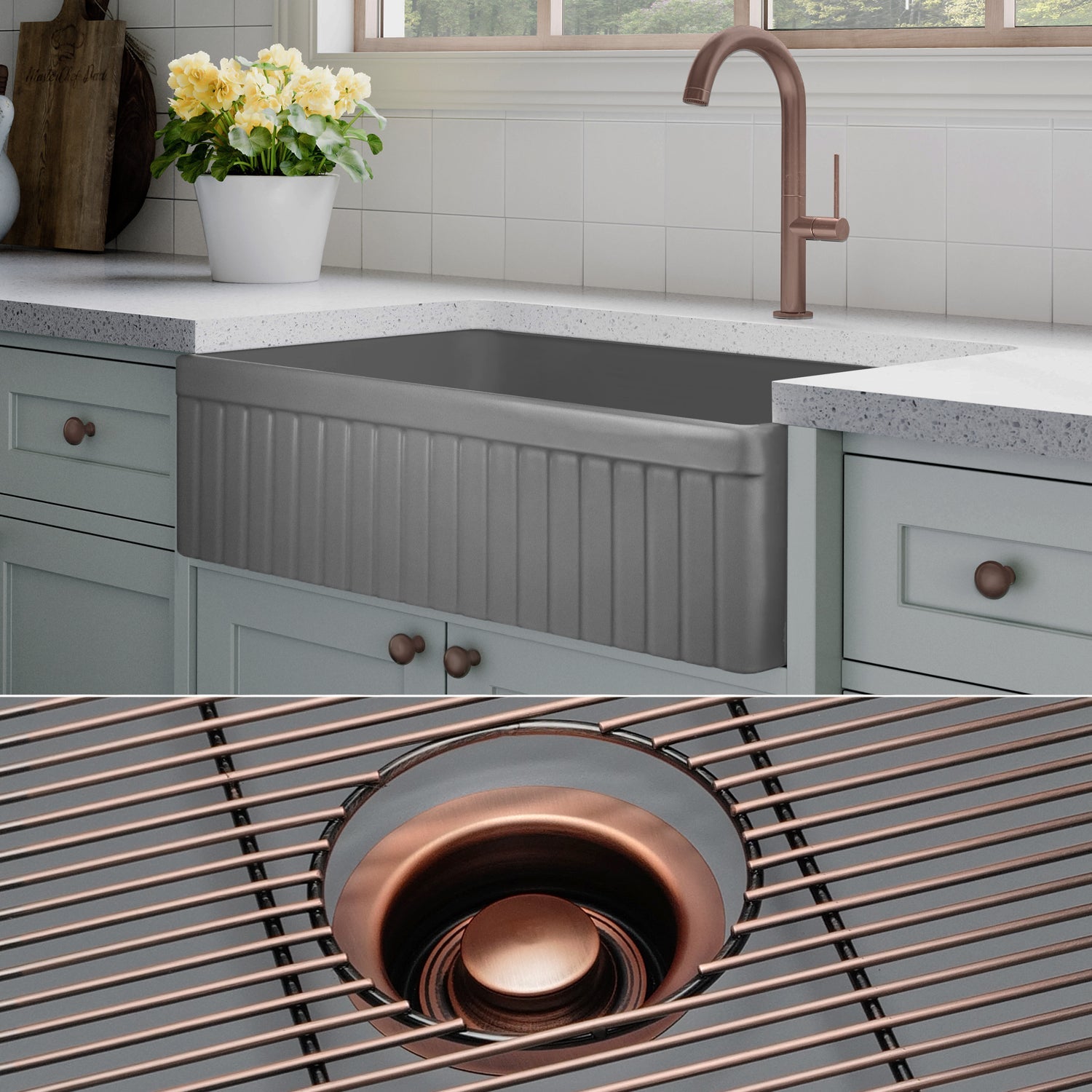 FSW1047AC LUX 33-INCH SOLID FIRECLAY FARMHOUSE SINK, MATTE GRAY, ANTIQUE COPPER ACCS, FLUTED FRONT