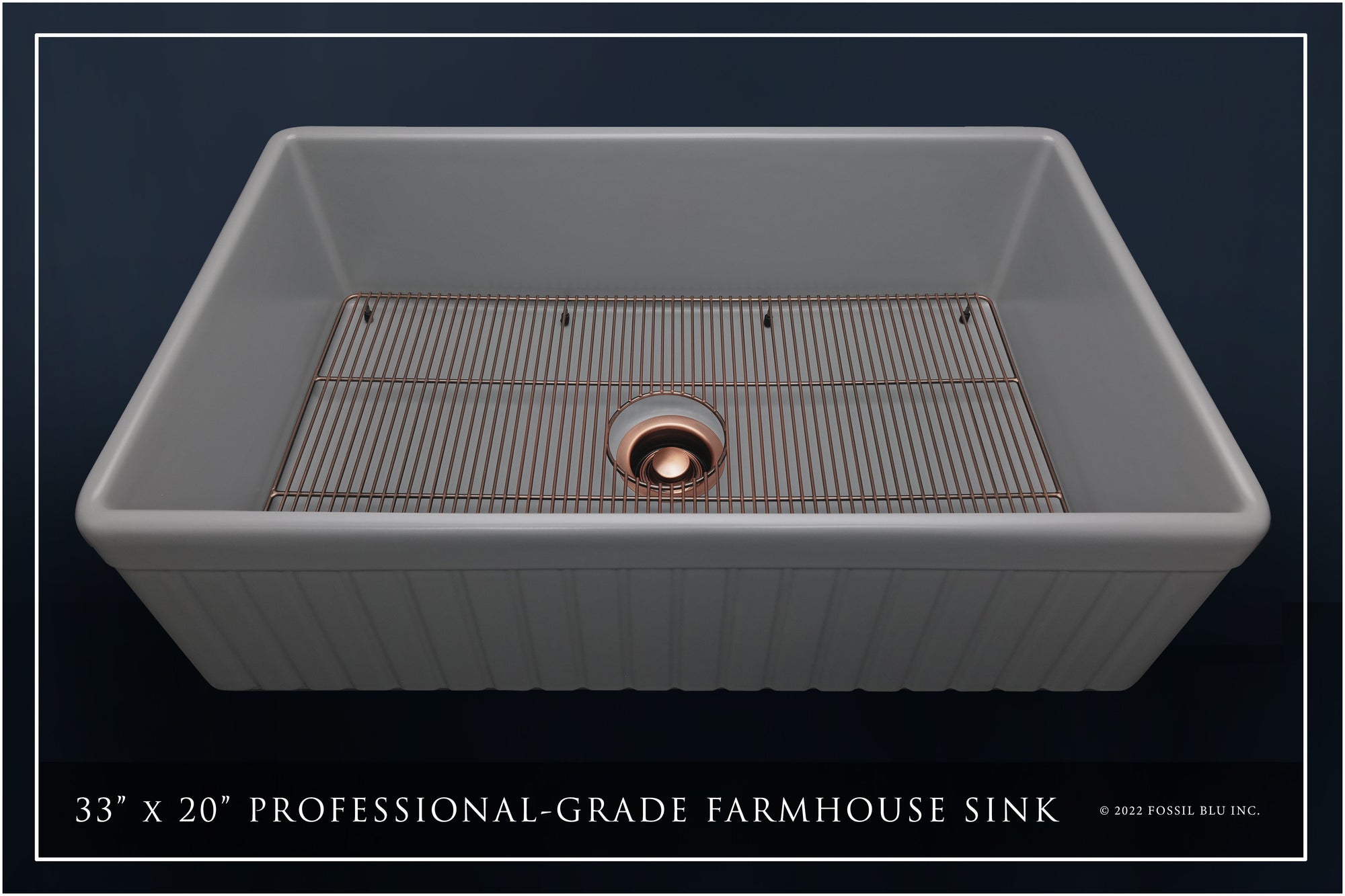 FSW1047AC LUX 33-INCH SOLID FIRECLAY FARMHOUSE SINK, MATTE GRAY, ANTIQUE COPPER ACCS, FLUTED FRONT