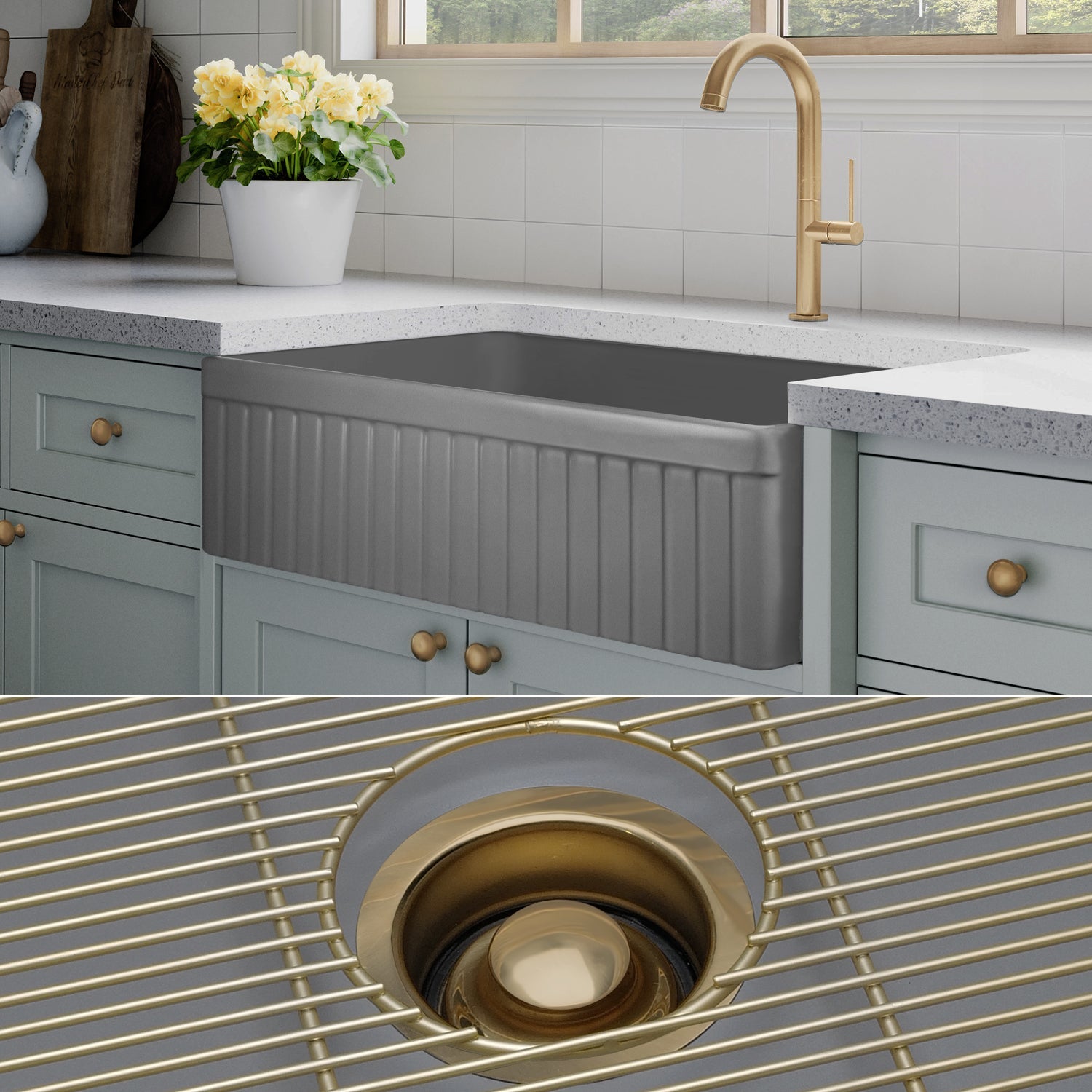 FSW1047BB LUXURY 33-INCH SOLID FIRECLAY FARMHOUSE SINK, MATTE GRAY, MATTE GOLD ACCS, FLUTED FRONT