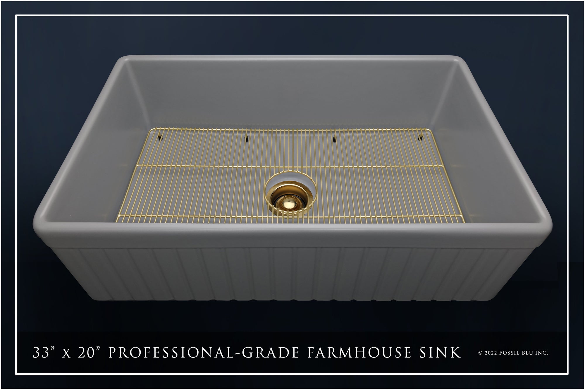 FSW1047BB LUXURY 33-INCH SOLID FIRECLAY FARMHOUSE SINK, MATTE GRAY, MATTE GOLD ACCS, FLUTED FRONT