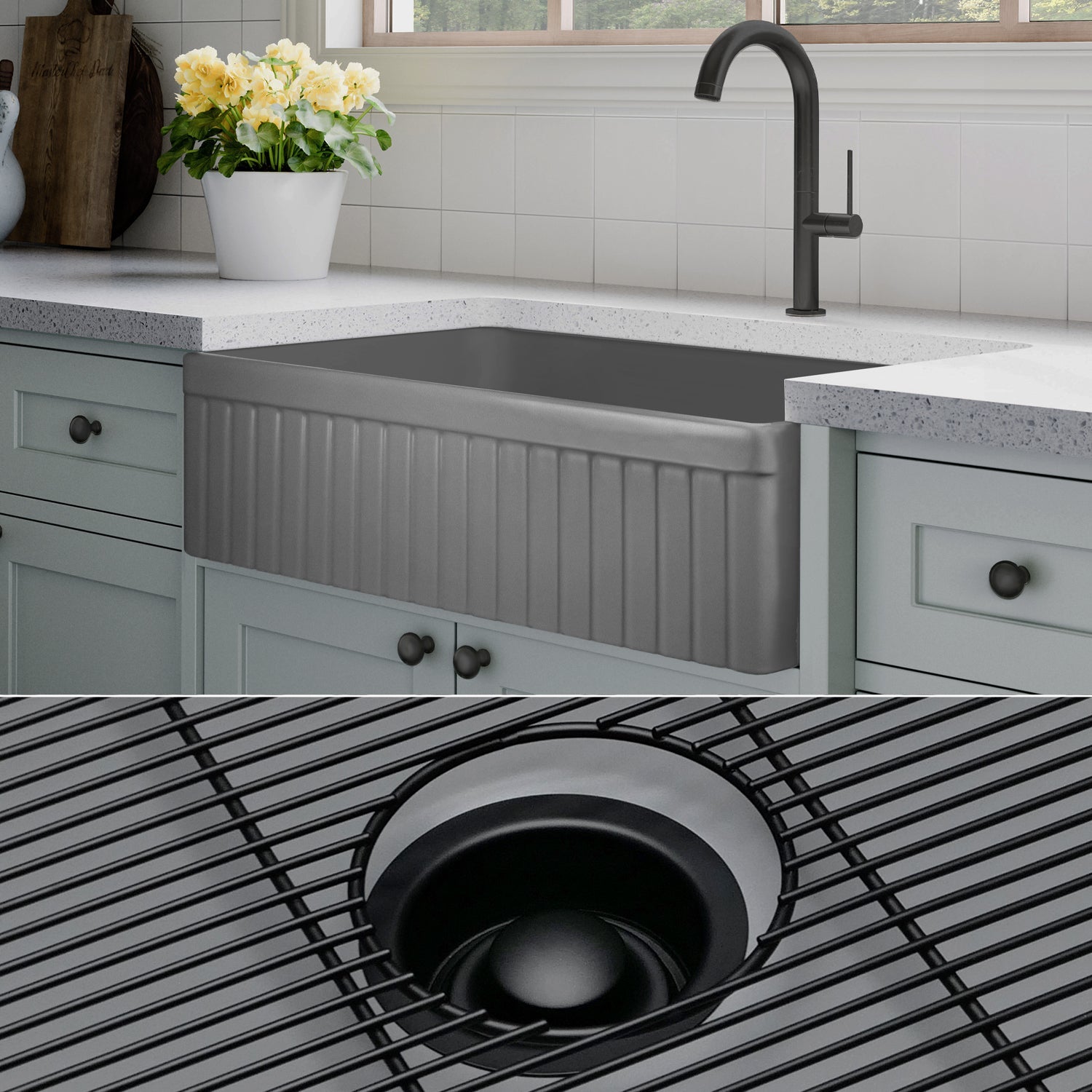 FSW1047MB LUXURY 33-INCH SOLID FIRECLAY FARMHOUSE SINK, MATTE GRAY, MATTE BLACK ACCS, FLUTED FRONT