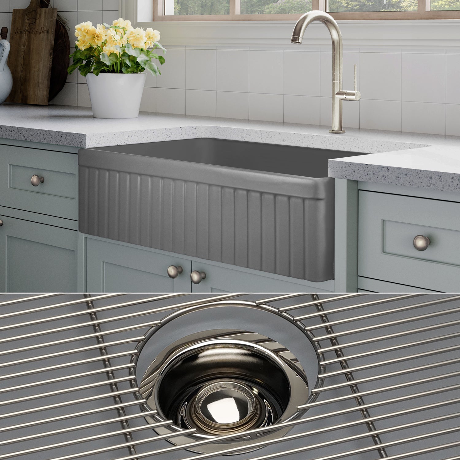 FSW1047PN LUX 33-INCH SOLID FIRECLAY FARMHOUSE SINK, MATTE GRAY, POLISHED NICKEL ACCS, FLUTED FRONT