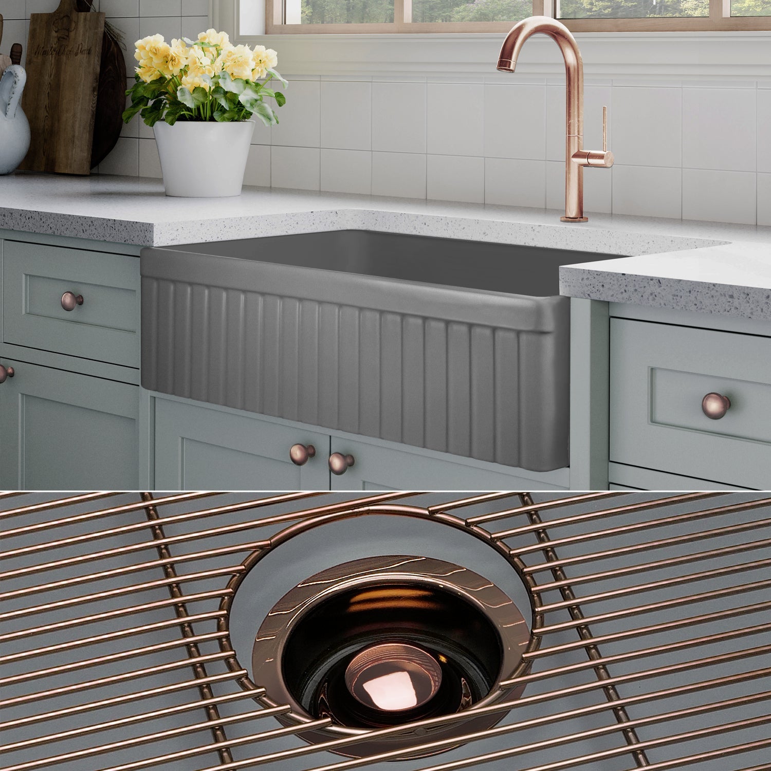 FSW1047RG LUX 33-INCH SOLID FIRECLAY FARMHOUSE SINK, MATTE GRAY, POL. ROSE GOLD ACCS, FLUTED FRONT