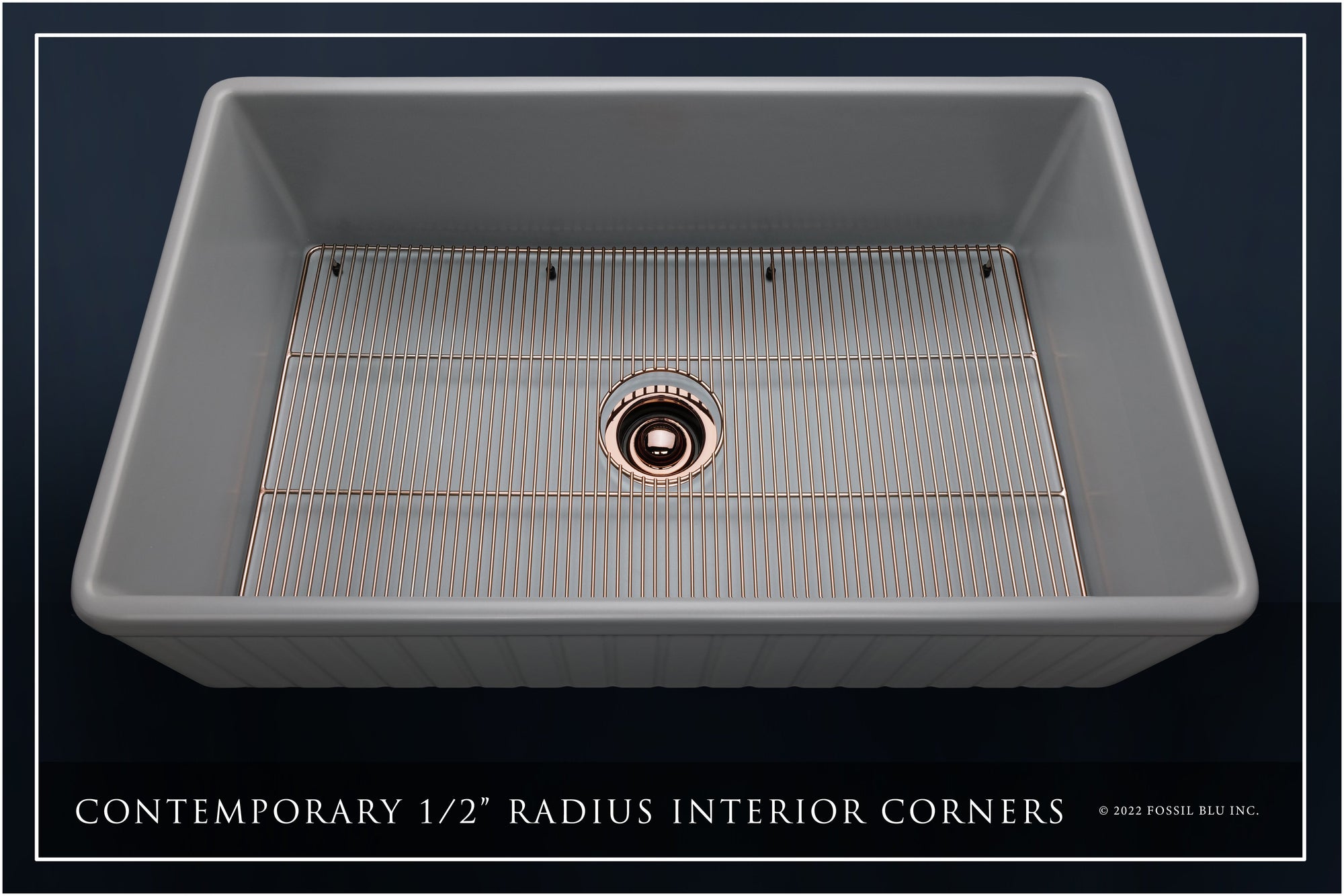 FSW1047RG LUX 33-INCH SOLID FIRECLAY FARMHOUSE SINK, MATTE GRAY, POL. ROSE GOLD ACCS, FLUTED FRONT