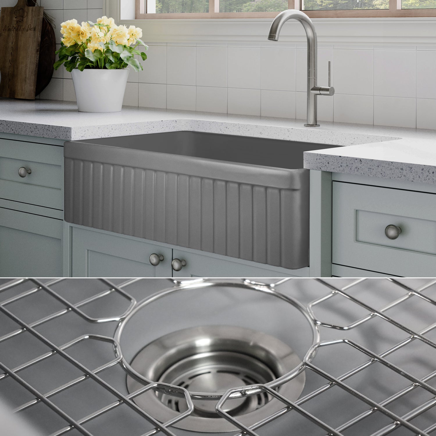 FSW1047 Lux 33-inch Solid Fireclay Farmhouse Sink, Matte Gray, Stainless Steel Accs, Fluted Front