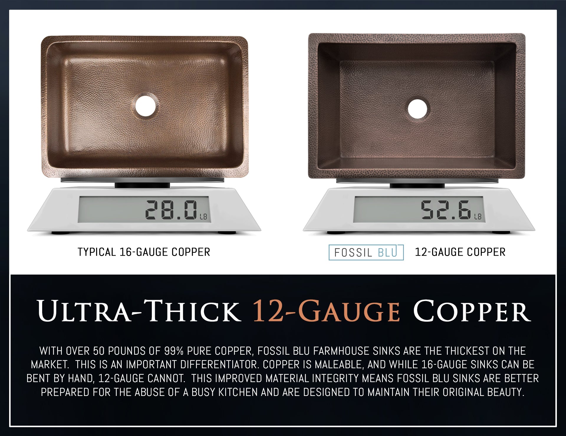 FSW1100 LUXURY 33-INCH HEAVY 12-GAUGE DARK PATINA COPPER FARMHOUSE SINK, INCLUDES ACCS, FLAT FRONT