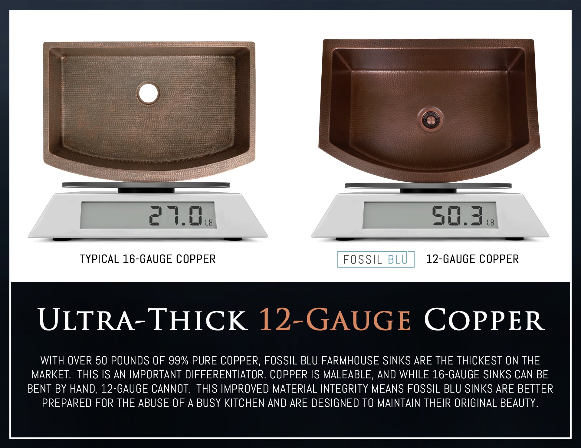 FSW1101 LUXURY 33-INCH HEAVY 12-GAUGE DARK PATINA COPPER FARMHOUSE SINK, INCLUDES ACCS, CURVED FRONT