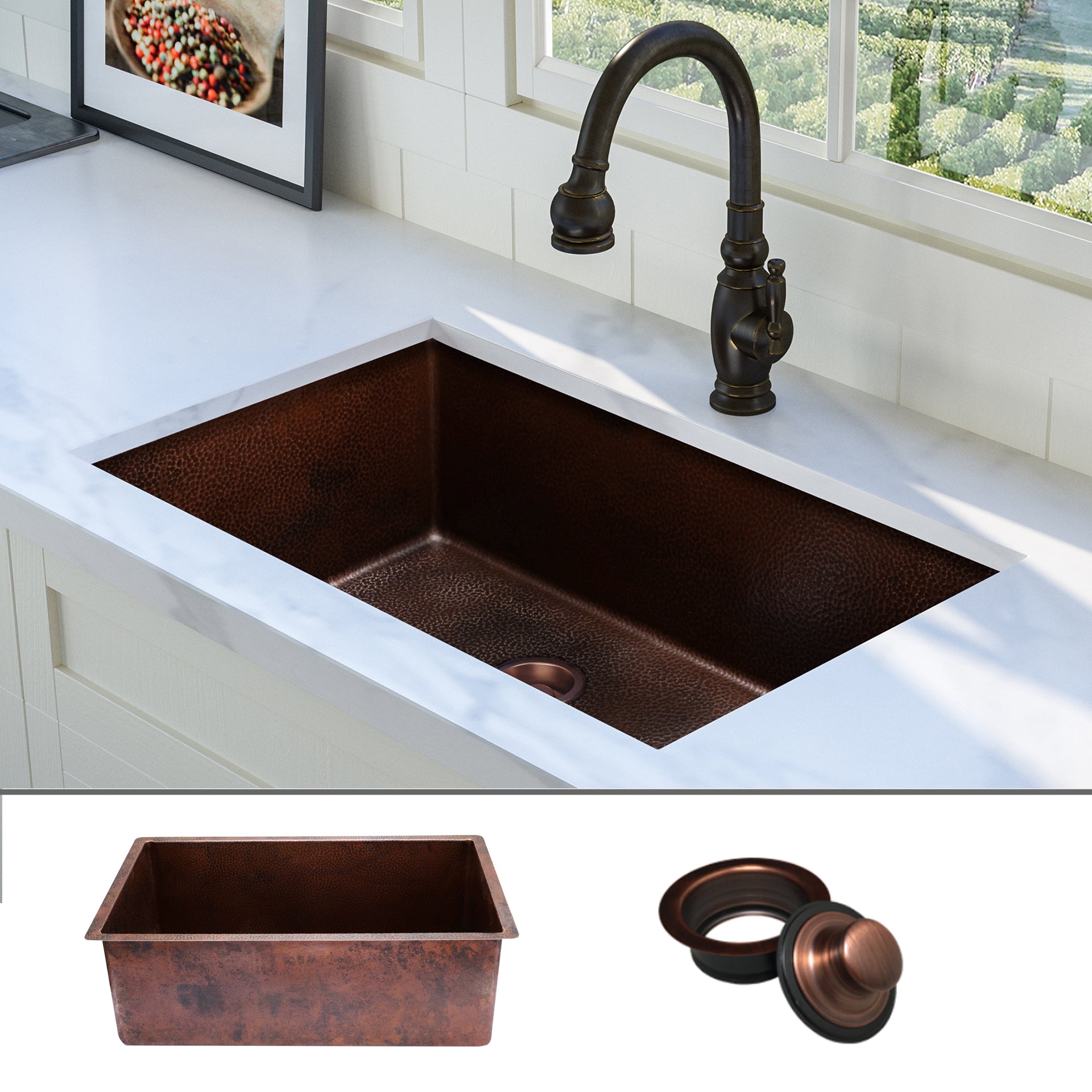 Luxury 30 Inch Hammered Copper Undermount Sink, Single Bowl, FSW1102