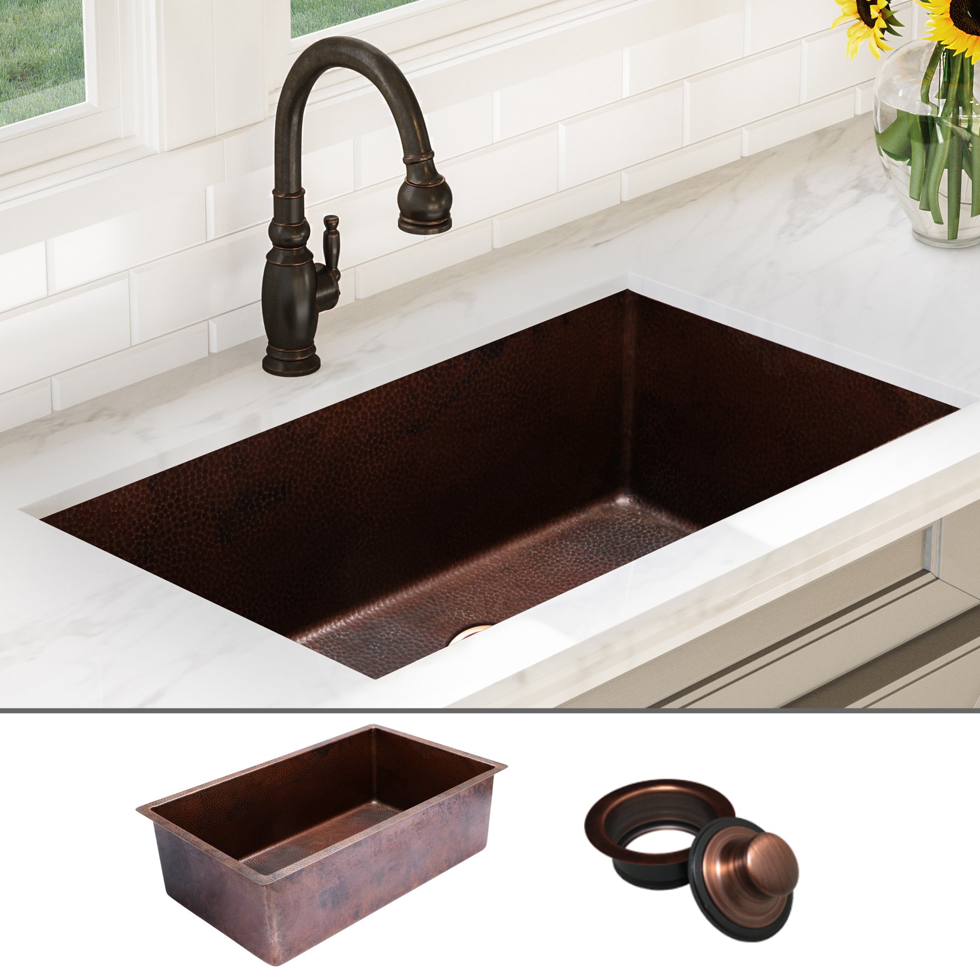 Luxury 32 Inch Hammered Copper Undermount Sink, Single Bowl, FSW1103