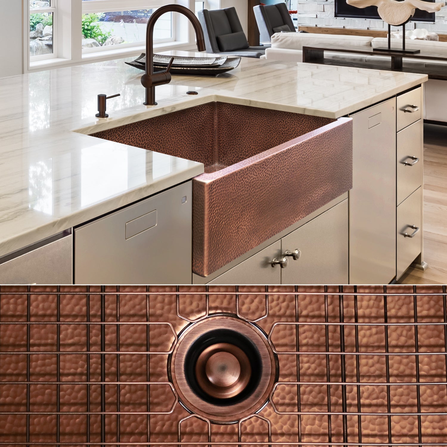 FSW1104 LUXURY 30-INCH HEAVY 12-GAUGE MEDIUM PATINA COPPER FARMHOUSE SINK, INCLUDES ACCS, FLAT FRONT