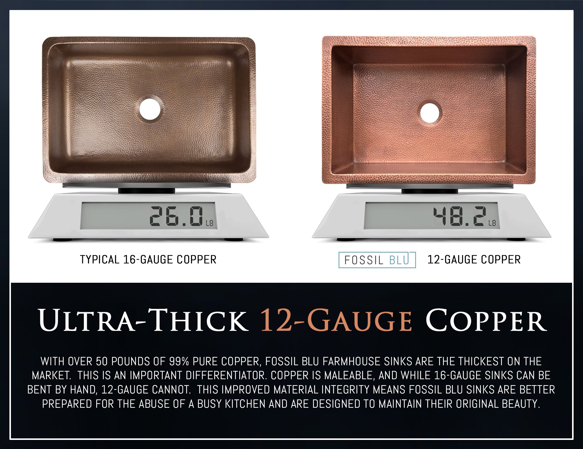 FSW1104 LUXURY 30-INCH HEAVY 12-GAUGE MEDIUM PATINA COPPER FARMHOUSE SINK, INCLUDES ACCS, FLAT FRONT