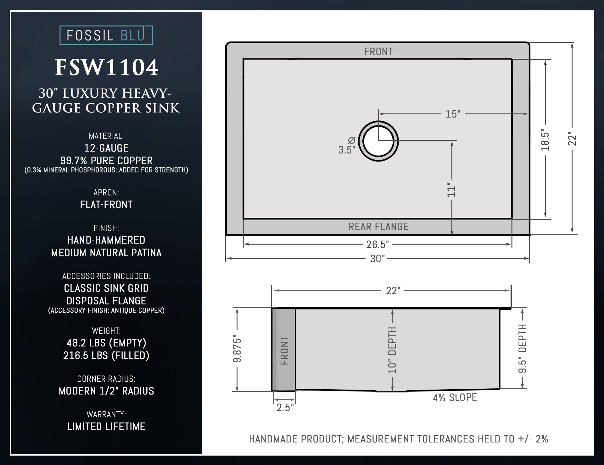 FSW1104 LUXURY 30-INCH HEAVY 12-GAUGE MEDIUM PATINA COPPER FARMHOUSE SINK, INCLUDES ACCS, FLAT FRONT