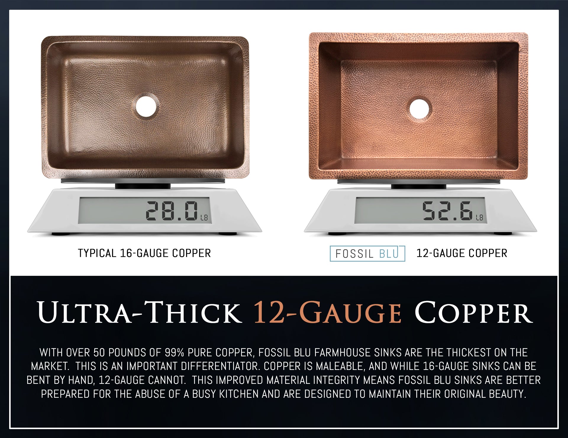 FSW1105 LUXURY 33-INCH HEAVY 12-GAUGE MEDIUM PATINA COPPER FARMHOUSE SINK, INCLUDES ACCS, FLAT FRONT