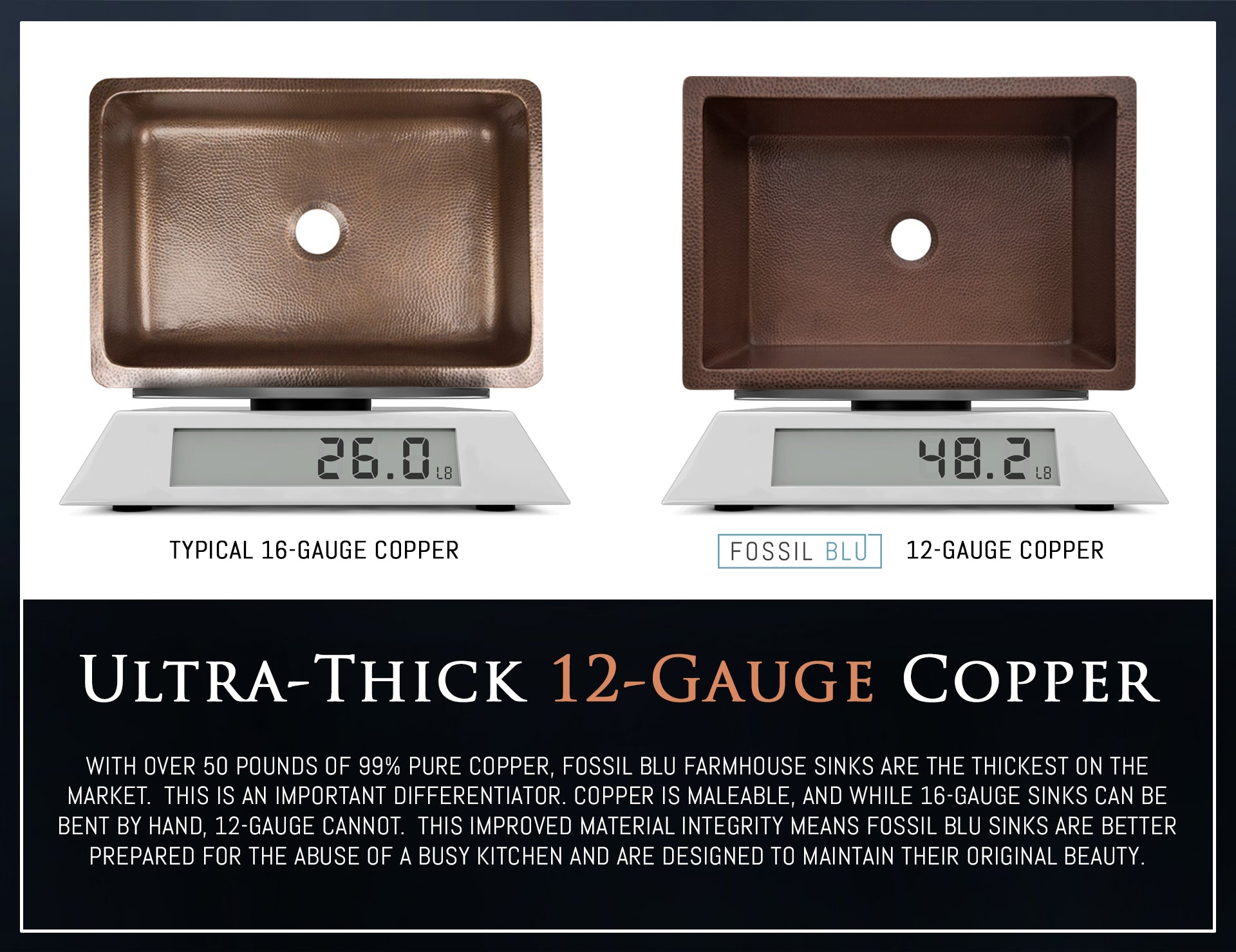 FSW1106 LUXURY 30-INCH HEAVY 12-GAUGE DARK PATINA COPPER FARMHOUSE SINK, INCLUDES ACCS, FLAT FRONT