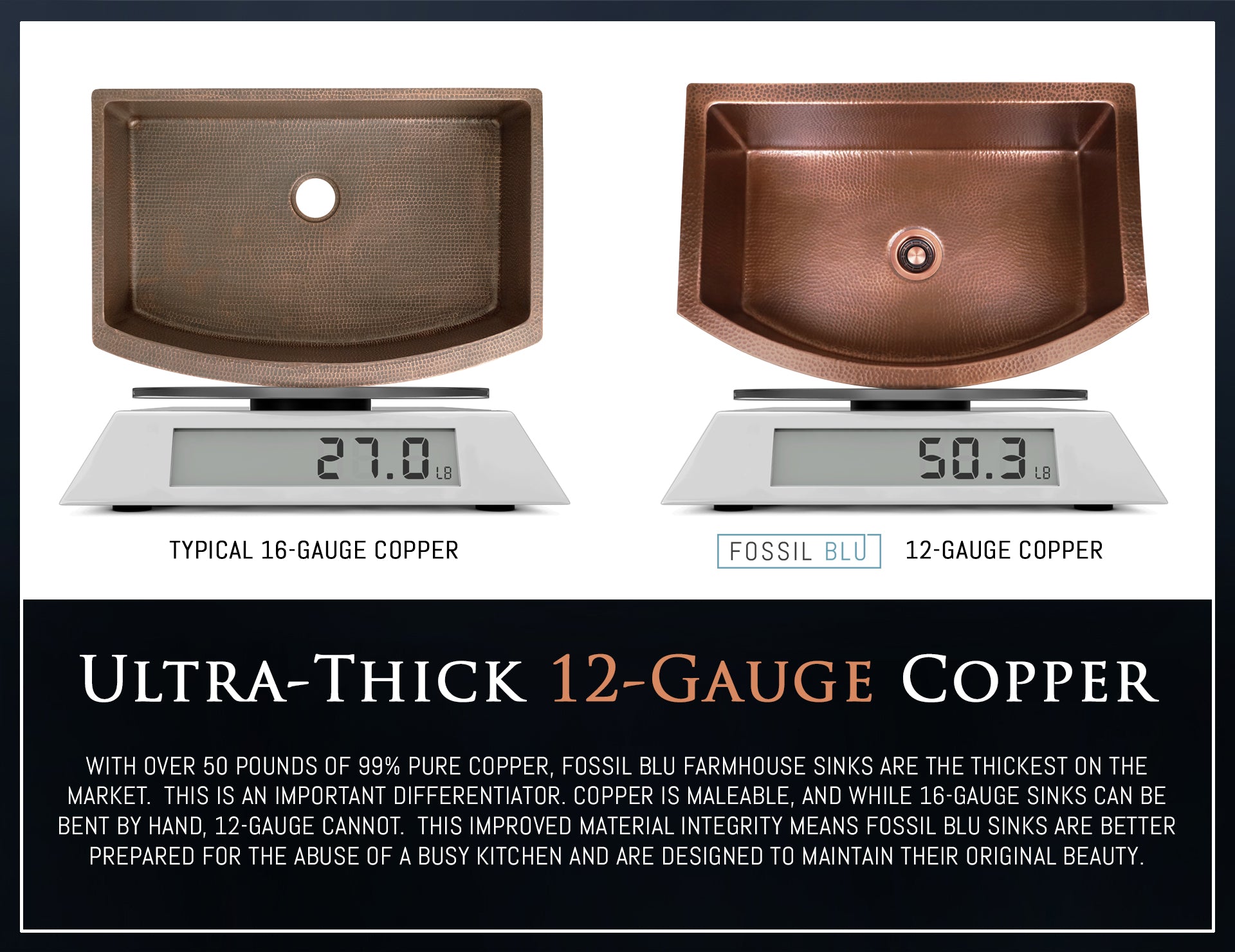 FSW1107 LUX 33-INCH HEAVY 12-GAUGE MEDIUM PATINA COPPER FARMHOUSE SINK, INCLUDES ACCS, CURVED FRONT