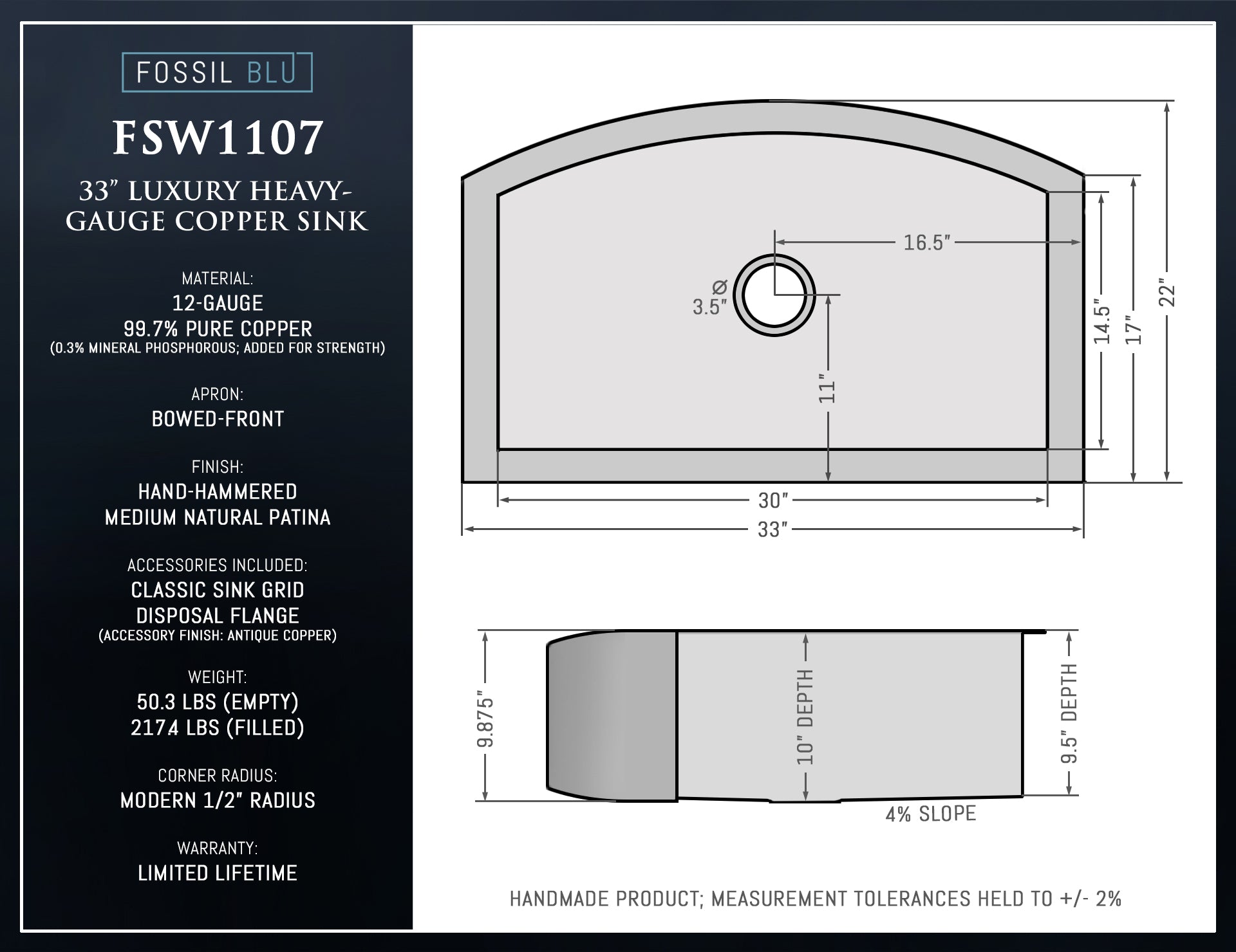 FSW1107 LUX 33-INCH HEAVY 12-GAUGE MEDIUM PATINA COPPER FARMHOUSE SINK, INCLUDES ACCS, CURVED FRONT